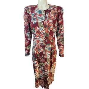 Vintage Special Effects Floral Long Sleeve Button Down Dress Women's 14